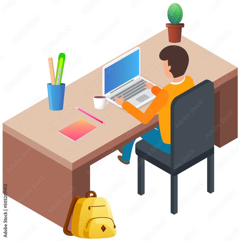 Self education, study and gain new knowledge. Student sitting at table working with laptop. Concept illustration of online courses, distance studying, self education, digital library, e-learning Self education, study and gain new knowledge. Student sitting at table working with laptop. Concept illustration of online courses, distance studying, self education, digital library, e-learning