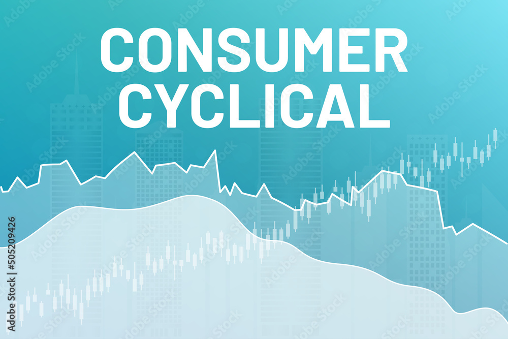 Financial market sector Consumer cyclical on blue finance background from graphs, charts. Trend Up and Down. Financial market concept
