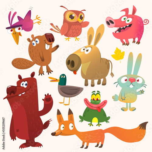 Set of funny animals isolated on white background. Cartoon fox owl bunny rabbit beaver duck donkey pig frog and bear. Vector illustration isolated