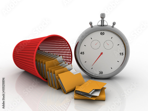 3d rendering folder with documents in recycle bin near stopwatch