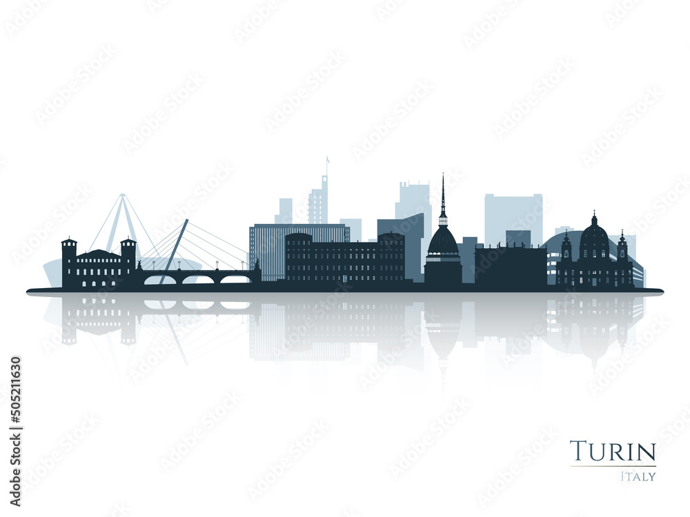 Turin skyline silhouette with reflection. Landscape Turin, Italy. Vector illustration.