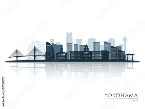 Yokohama skyline silhouette with reflection. Landscape Yokohama, Japan. Vector illustration.