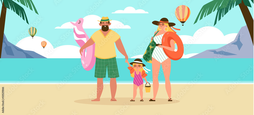 Family with child at tropical sea beach flat cartoon vector illustration.