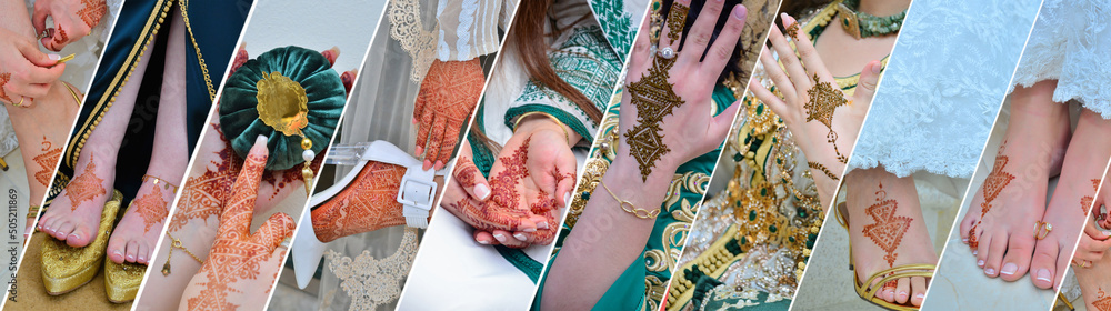 Photo collages of girls' hands with henna tattoos