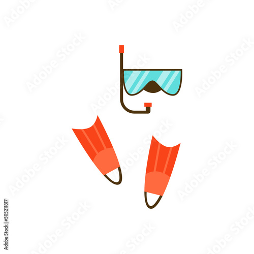 Diving scuba mask with diving flippers flat vector illustration isolated.