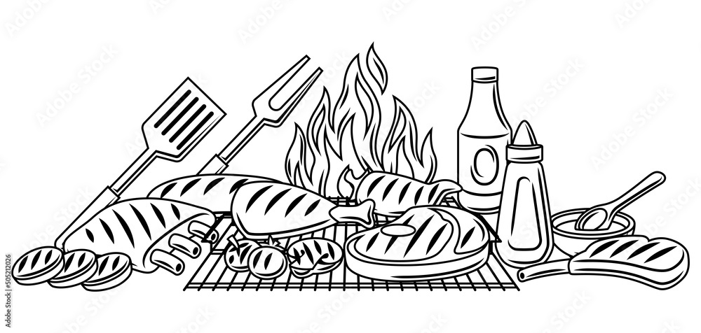 Bbq background with grill objects and icons. Stylized kitchen and restaurant items.