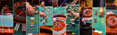 Картината върху платно Collage of casino imagery with poker and people cheering.