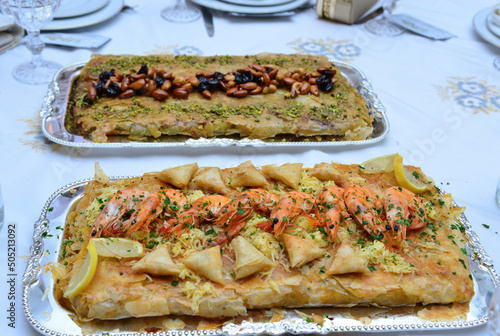 Fresh baked Moroccan fish pastilla. photo