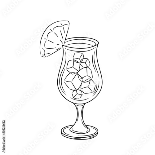 Vector glass of pina colada cocktail with slice pineapple retro hand drawn style. Outline illustration summer alcohol drink