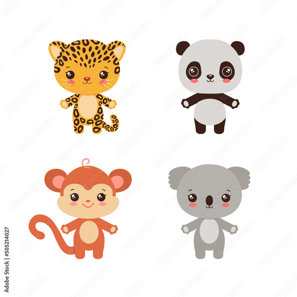 Kawaii animals baby style. Safari wild animal icons. Cute koala. Adorable panda bear. Funny monkey. Sweet leopard or cheetah. Flat design vector illustration for children projects.