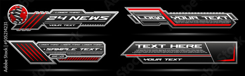 Lower third design. Templates for news or sports panels and bars, streaming broadcasts for television. Geometric style, unique video clip banner, dark style with red lines