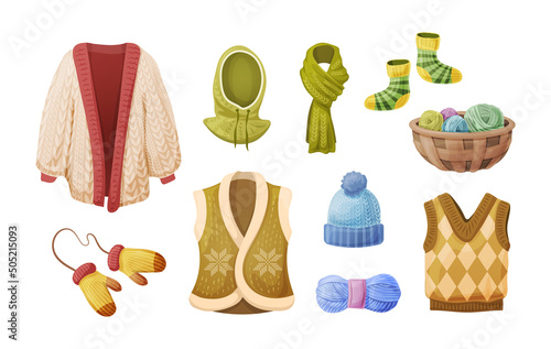Set of winter warm knitted clothing and accessories