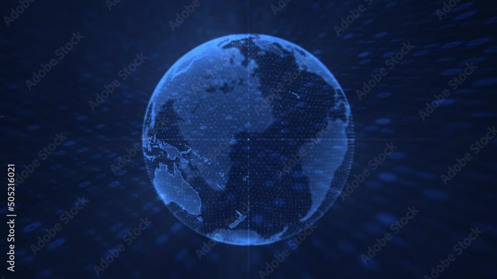 Spinning digital globe with computer binary code moving towards the camera. Communication and data network connections concept. This blue technology motion background is full HD and a seamless loop.