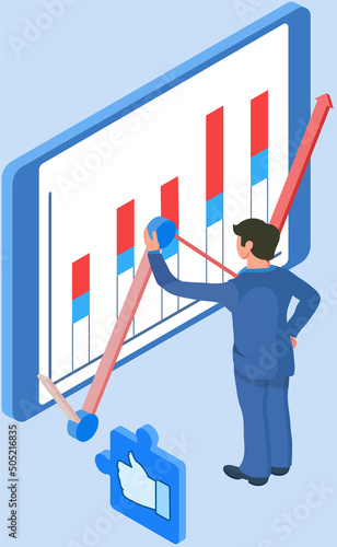 Analytics information and development statistics. Web analysis measure, product testing technology. Man analyses dashboard seo optimization, digital report. Statistical indicators and data on diagram
