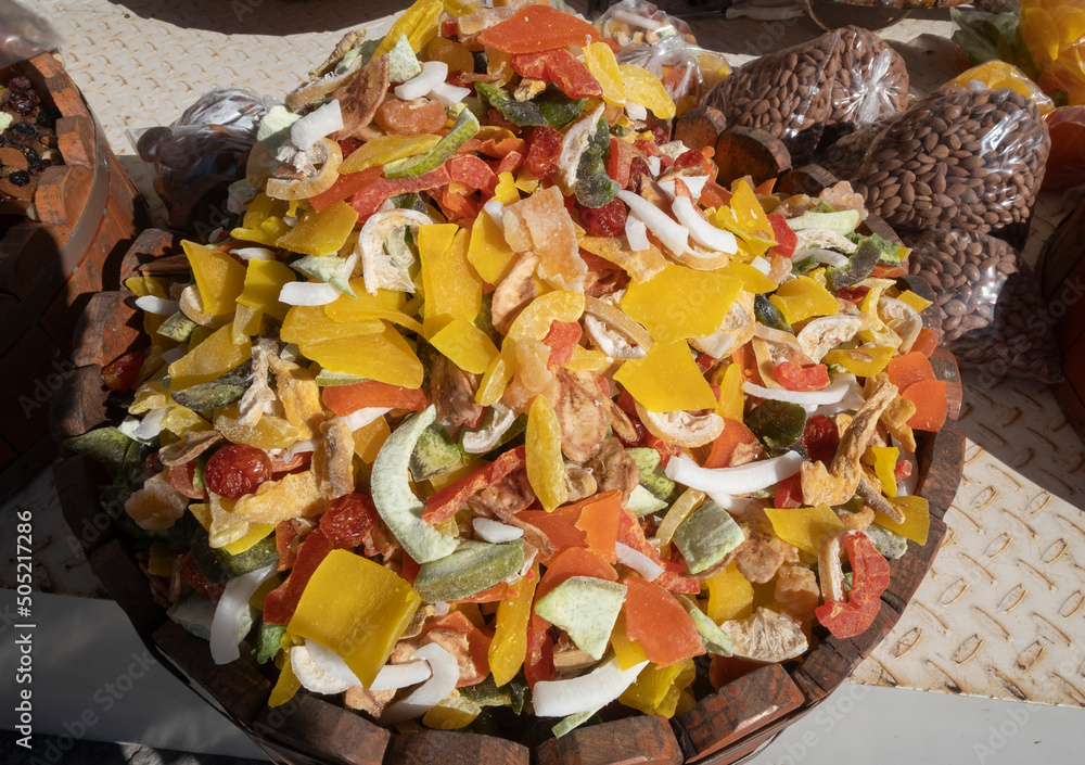 Turkish delight nuts and fruits on a large wooden platter with various fillings, Turkey Turkish delight nuts and fruits on a large wooden platter with various fillings, Turkey