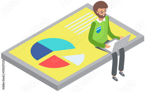 Analytics information and development statistics. Web analysis measure, product testing technology. Man analyses dashboard seo optimization, digital report. Statistical indicators and data on diagram