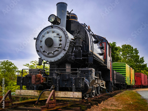 Retro-style historical steam train on the train track in Essex, Connecticut