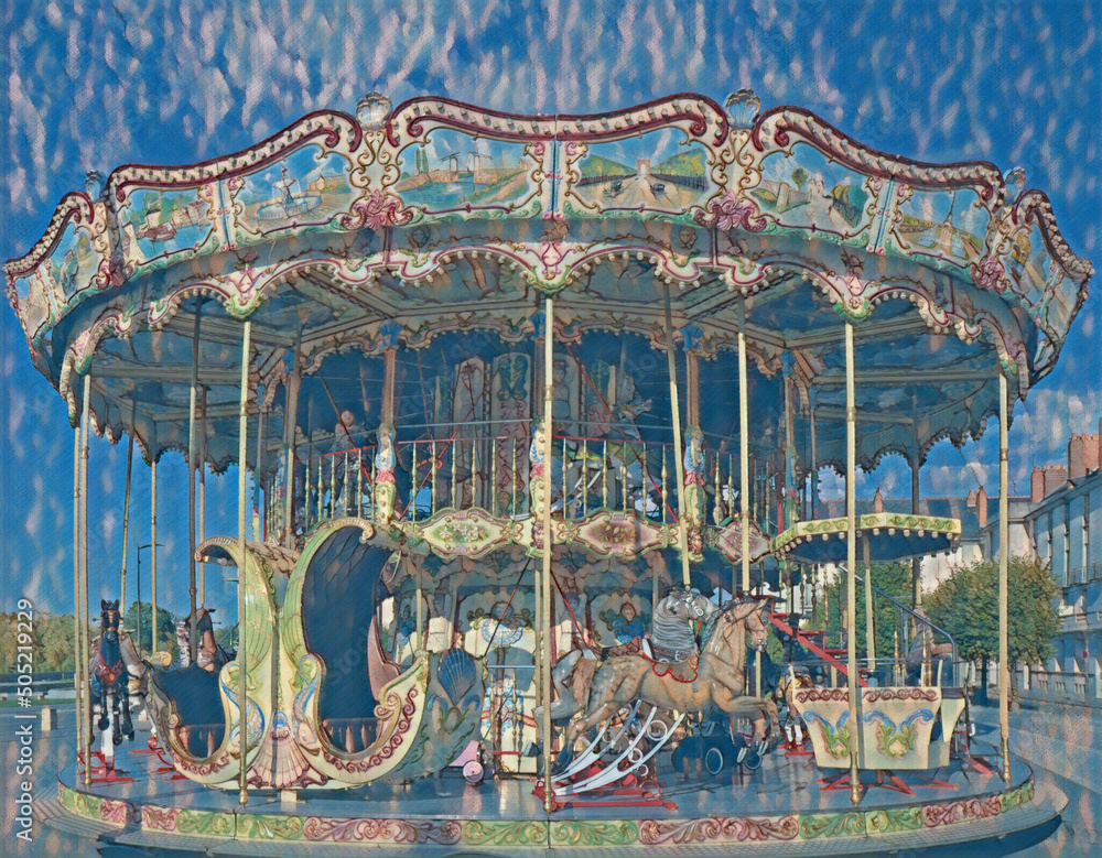 Brightly colored carousel, edited to look like a painting or drawing. 