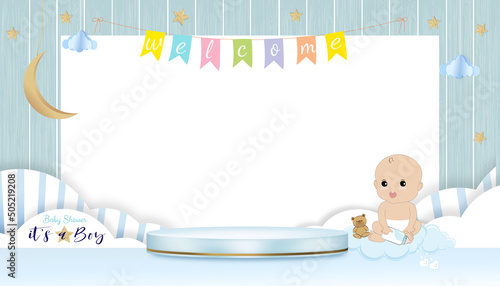 Vector for baby boy shower card on blue background,Cute Paper art abstract origami cloudscape, crescent moon and stars on blue sky with 3D Podium, Paper cut with copy space for Baby's photos