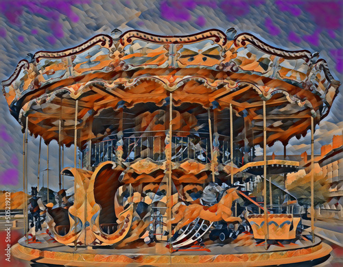 Brightly colored carousel, edited to look like a painting or drawing.  © JMP Traveler