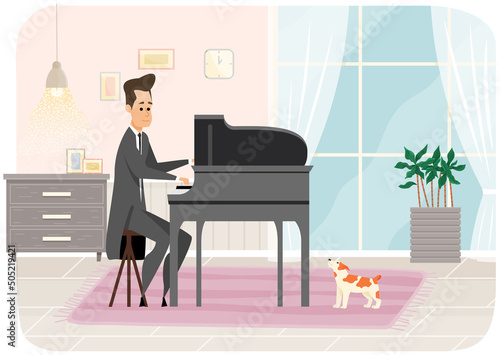 Pianist character in concert costume playing musical composition on grand piano for symphonic orchestra or opera performance on stage. Talented artist member of musical group plays keyboard instrument