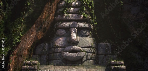 An ancient stone idol face overgrown with moss and green vegetation. Mysterious sacred scene. Photorealistic 3D illustration. photo