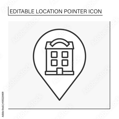  Pointer line icon. Hostel symbol navigation. Public place navigation. Temporary residential building. Location pointer concept. Isolated vector illustration. Editable stroke