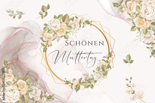 Karte oder Banner für einen Muttertag in Grau in einem Kreis mit Rosen auf einem lila und rosa Hintergrund mit Farbverlauf und den gleichen weißen Blumen rundum