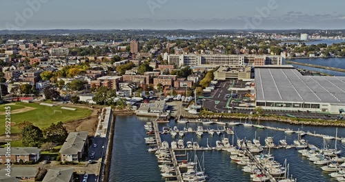Salem Massachusetts Aerial v10 establishing pull out shot over palmer cove capturing downtown cityscape and beautiful coastal neighborhood at daytime - Shot with Inspire 2, X7 camera - October 2021 photo