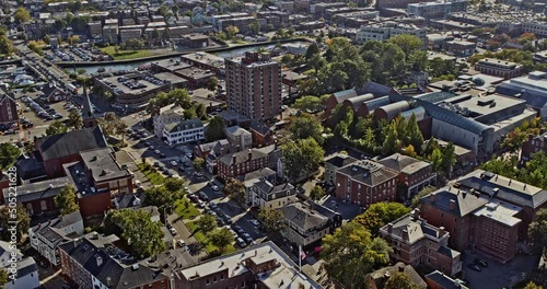 Salem Massachusetts Aerial v3 birds eye view overlooking at mqoa church at hawthorne boulevard, tilt up reveals historic downtown cityscape - Shot with Inspire 2, X7 camera - October 2021 photo