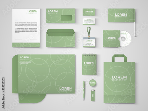 Green stationery template design with circle shapes. Set of business corporate identity mock up. Documentation for business.