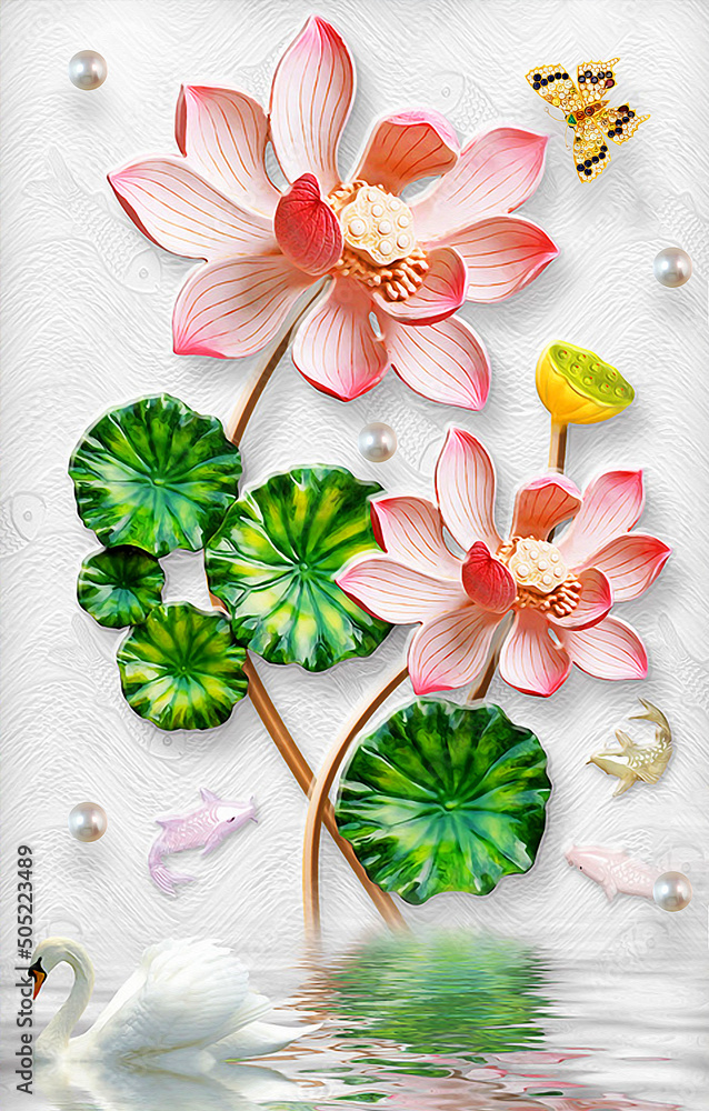 3D wallpaper lotus flower golden with butterfly, diamond, texture background  Stock Illustration | Adobe Stock