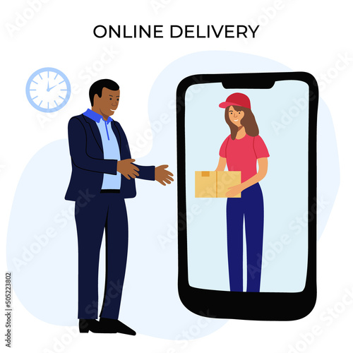 Stock vector hand drawn flat illustration girl courier gives the recipient an online order