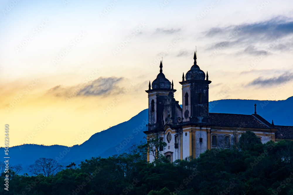Church on top of the mountain at sunset of the historic city of Ouro Preto in Minas Gerais