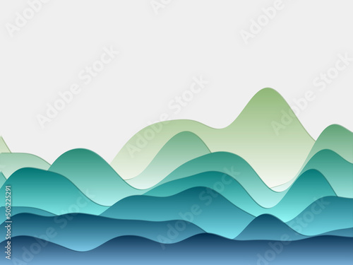 Abstract mountains background. Curved layers in yellow and blue colors. Papercut style hills. Authentic vector illustration.