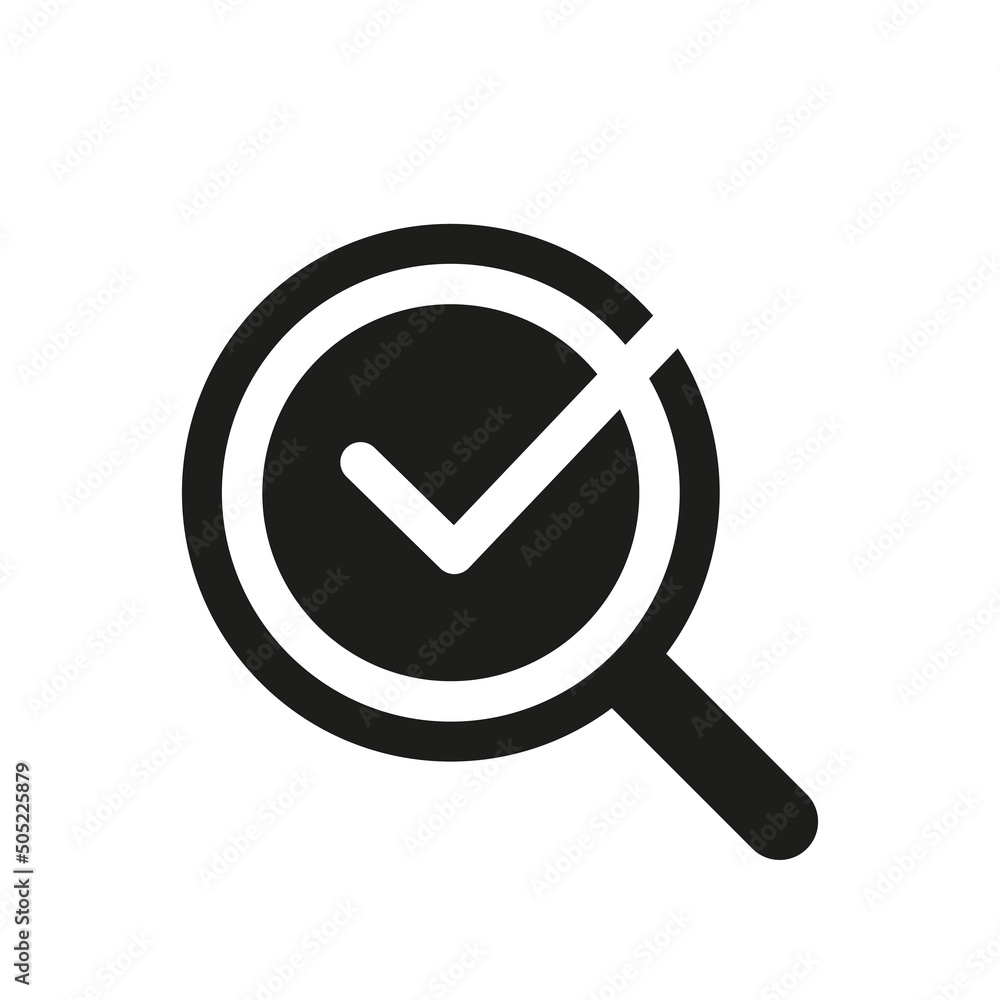 Black Magnifier with ok tick. Magnifying glass icon. Search and found button for web pages. Vector illustration. Black Magnifier with ok tick. Magnifying glass icon. Search and found button for web pages. Vector illustration.