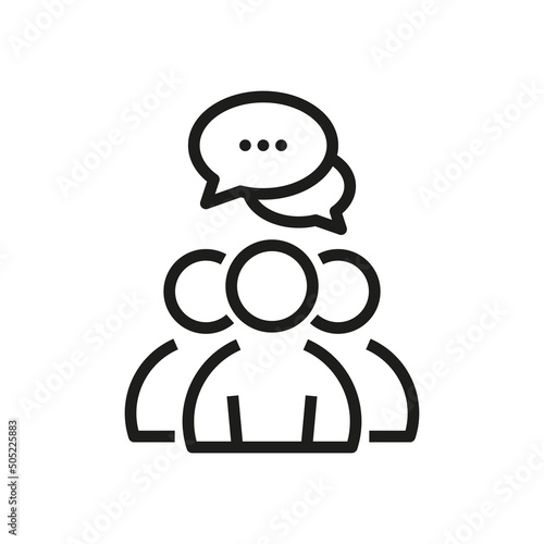 Meeting concept. Speech bubbles under group of people line icon. Topics like conference, teamwork, brainstorming.