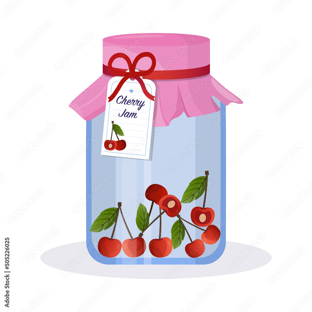 Jar with cherry jam. Homemade cherry jam in a glass jar. Vector flat cartoon illustration. White background, isolated. Vector illustration Jar with cherry jam. Homemade cherry jam in a glass jar. Vector flat cartoon illustration. White background, isolated. Vector illustration