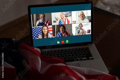 laptop with video chat, flag of the usa