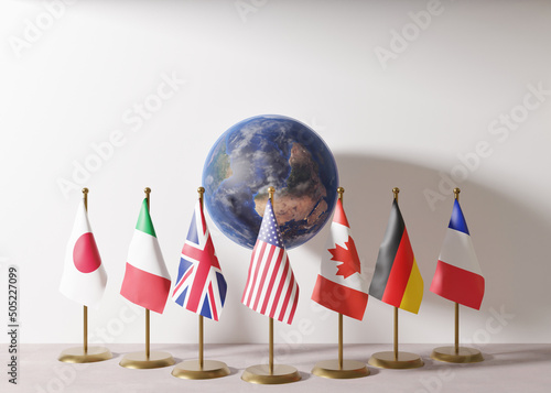 Flags of G7, group of seven countries: Canada, France, Germany, Italy, Japan, UK, USA. G7 summit is an inter-governmental political forum. World economy, global trade, economic policy. 3d rendering. photo