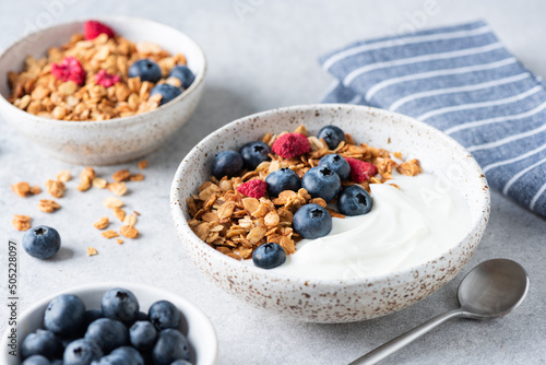Yogurt bowl with granola and blueberries. Healthy breakfast or snack, rich in protein, fiber and calcium