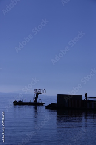 rive du lac Léman, ponton et plongeoir