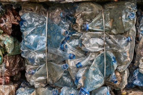 Plastic bottles in bales for waste recycling