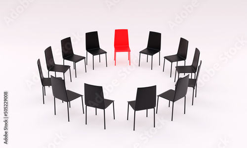 3d illustration, a set of black chairs placed in a circle and a red one, light background, business concept, an opinion stands out and prevails, 3d rendering