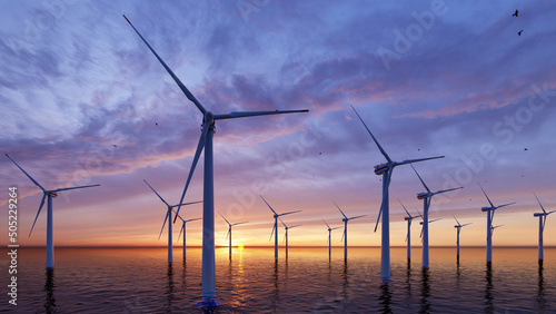 3840x2160 4K. Offshore wind turbines farm on the ocean. Sustainable energy production, clean power, windmill. 3D Animation. 