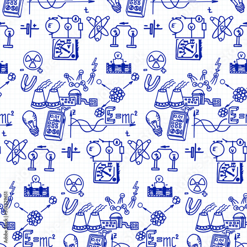 Nuclear physics. Scientific knowledge, formulas. Vintage education and scientific seamless pattern.  Vector hand-drawn illustration on workbook page.