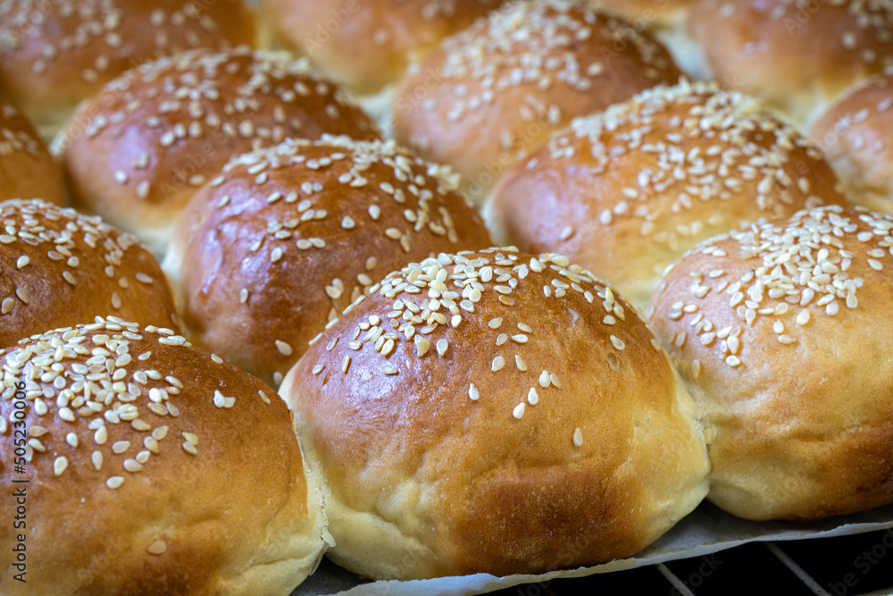 Round white flour buns with sesame seeds Round white flour buns with sesame seeds
