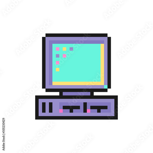 Vintage desktop computer icon in pixel art design isolated on white background