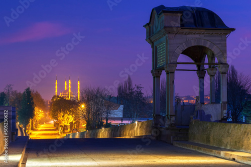 edirne - turkey. 7.december.2019. meric bridge and selimiye mosque in the background photo