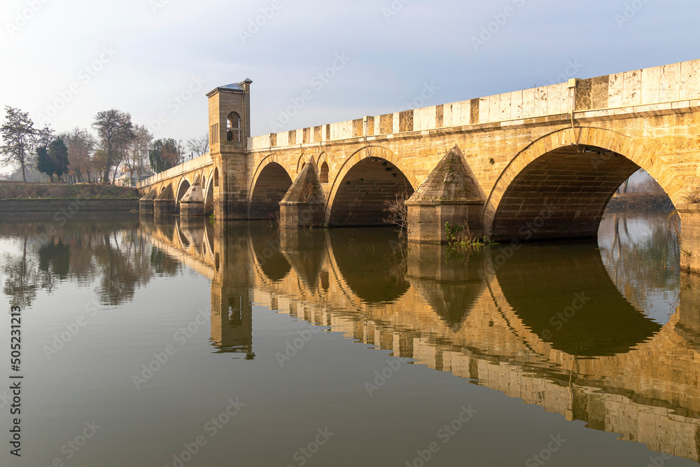 Naklejka premium edirne - turkey. 7 december.2019 Edirne, eastern Thrace, a bridge over the River Tunca during the Ottoman Empire in Turkey. tunca bridge